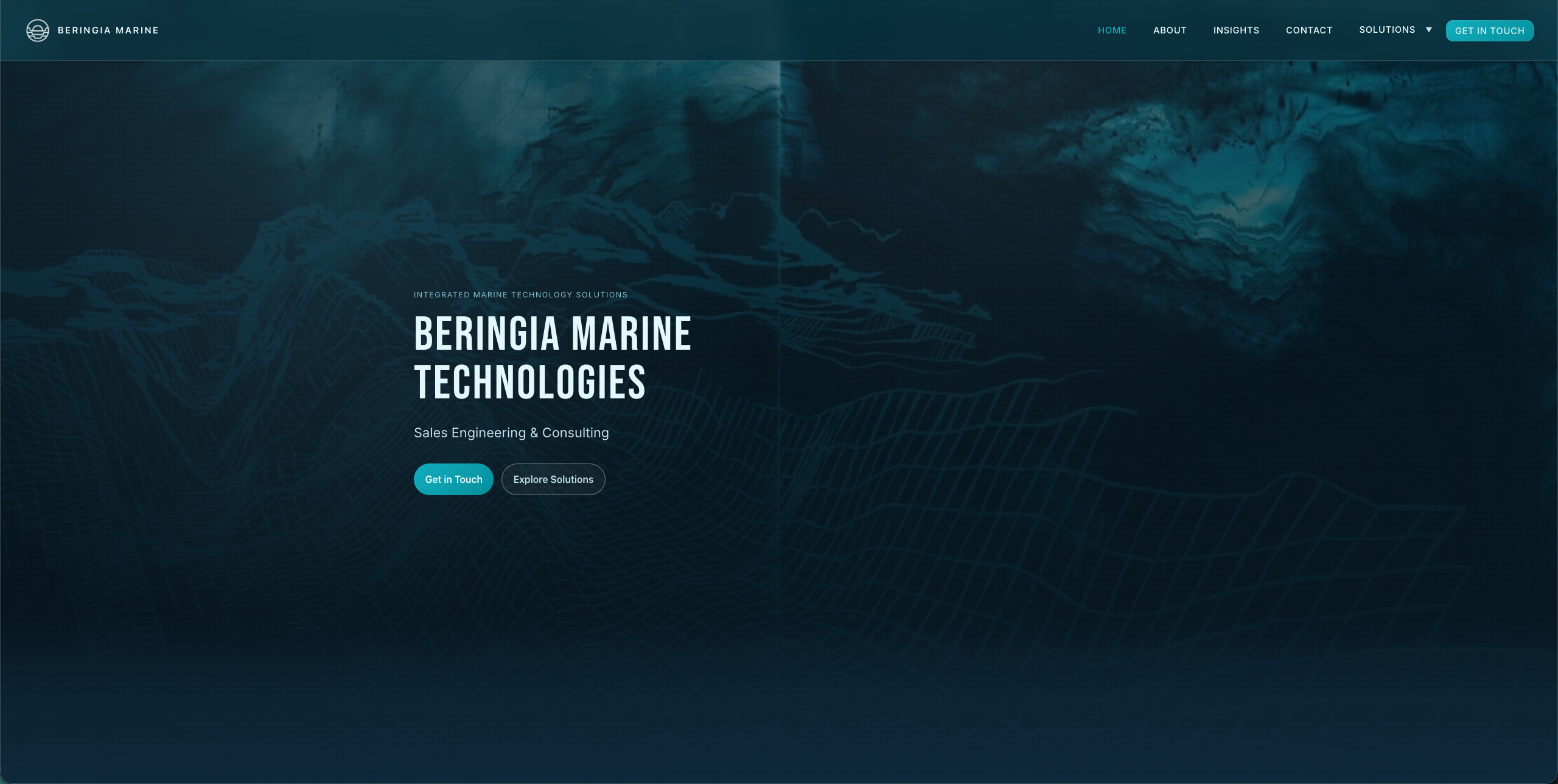 Beringia Marine Technologies homepage — deep marine background with subsurface bathymetry imagery, “BERINGIA MARINE TECHNOLOGIES” headline, and a Get in Touch call to action.